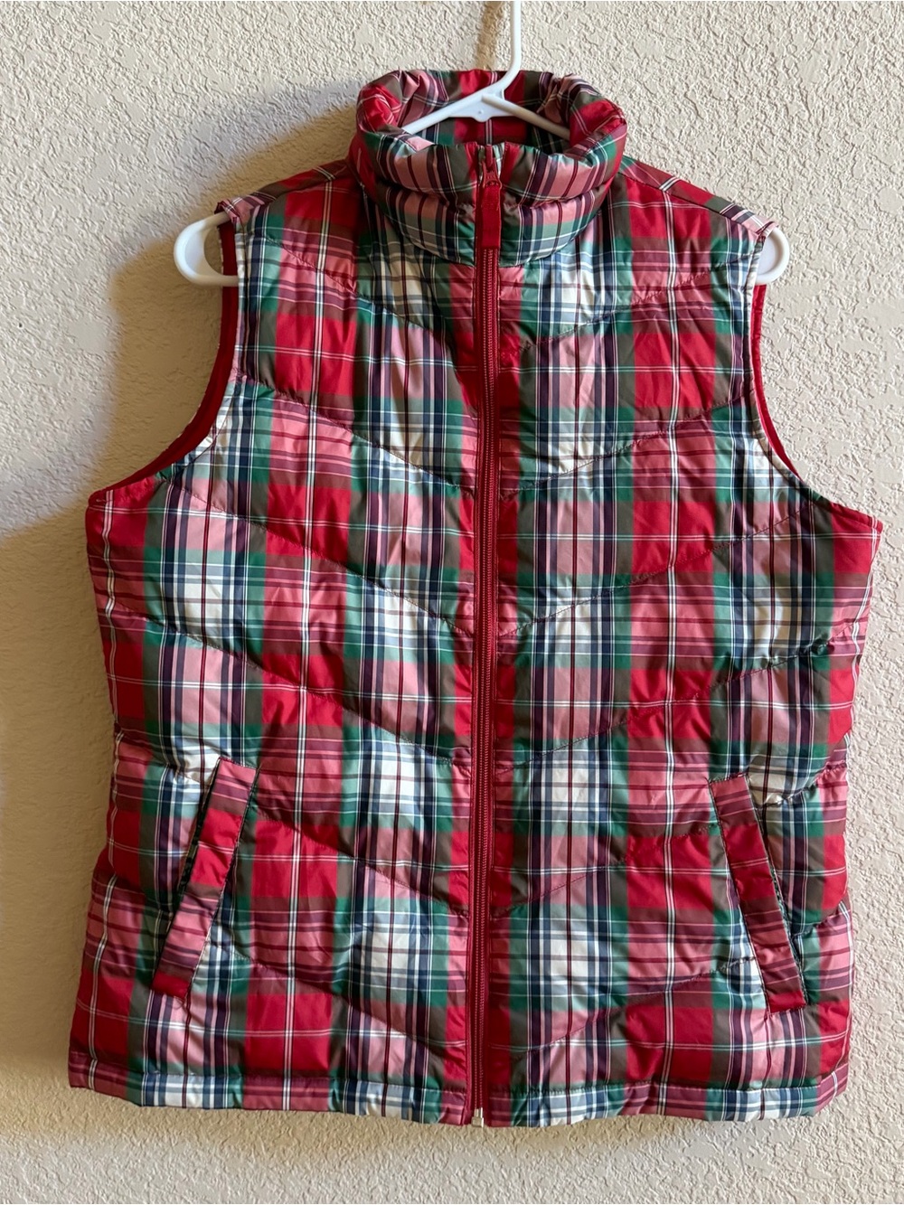 Lands' End Women’s Sz Medium Red Plaid Tartan Down Filled Full Zip Puffer Vest
